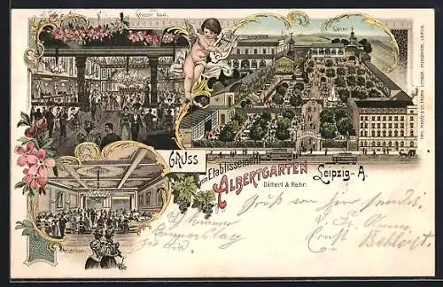 Lithographie Leipzig-A., Gasthof Albertgarten, Inh. Dittert & Kerr, Kleiner und Grosser Saal, Garten