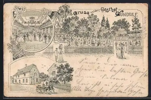 Lithographie Gundorf, Gasthof mit Balsaal und Garten