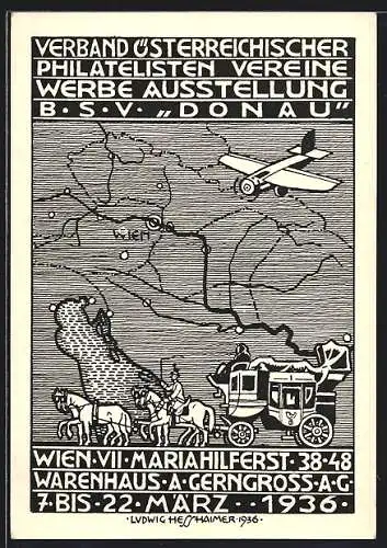 Künstler-AK sign. Ludwig Hesshaimer: Wien, Verband österr. Philatelisten Vereine Werbe Ausstellung Donau 1936