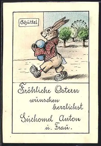 Künstler-AK sign. Anton Suchomel: Osterhase in Hemd und Hose vor Riesenrad und Schild mit der Aufschrift Schüttel