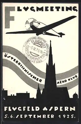 Künstler-AK Aspern b. Wien, Flugmeeting des österreichischen Aero-Klubs 1925, Flugfeld Aspern, Flugpost-Stempel