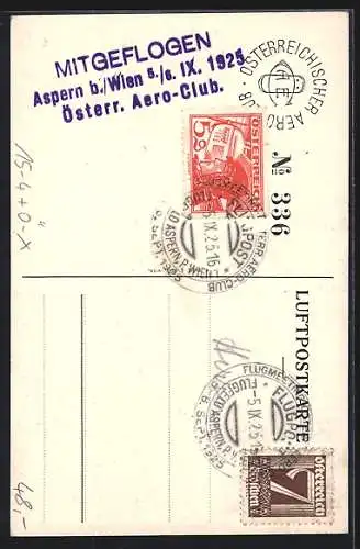 Künstler-AK Aspern b. Wien, Flugmeeting des österreichischen Aero-Klubs 1925, Flugfeld Aspern, Flugpost-Stempel