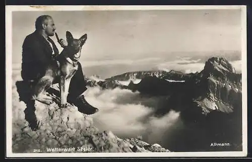 AK Säntis, Hotel Säntis, Wetterwart Steier mit Schäferhund, Blick zum Altmann