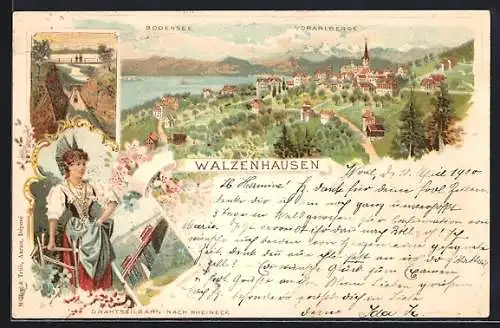 Lithographie Walzenhausen, Panorama mit Bodensee und Vorarlbergen, Drahtseilbahn nach Rheineck