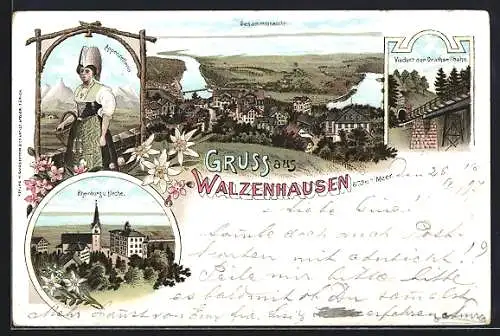 Lithographie Walzenhausen, Viaduct der Drahtseilbahn, Rheinburg und Kirche, Appenzellerin in Tracht