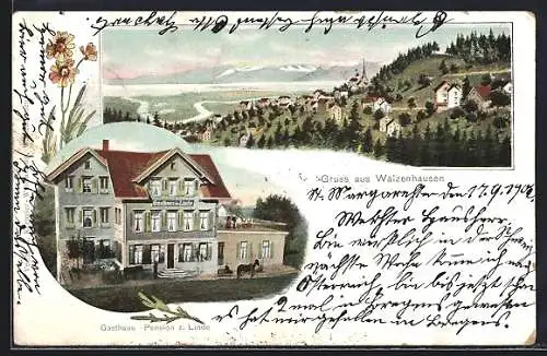 Lithographie Walzenhausen, Teilansicht, Gasthaus-Pension z. Linde