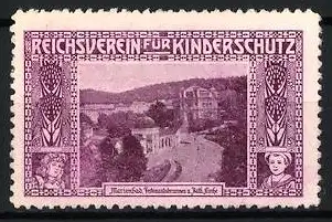 Reklamemarke Marienbad, Reichsverein für Kinderschutz, Ferdinandsbrunnen, katholische Kirche und Kinderporträts