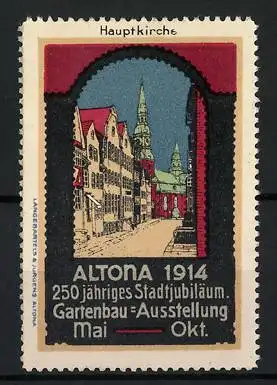 Reklamemarke Altona, 1914, Hauptkirche, 250-jähriges Stadtjubiläum, Gartenbau-Ausstellung