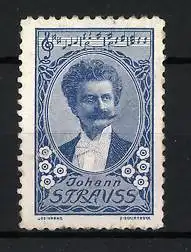 Reklamemarke Johann Strauss, Porträt mit Noten und Blumenornamenten