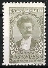 Reklamemarke Johann Strauss, Porträt mit Noten und Blumenornamenten