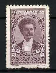 Reklamemarke Johann Strauss, Porträt mit Noten und Blumenornamenten