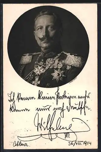 AK Kaiser Wilhelm II., Portrait in Uniform mit Signatur, Deutsche Kriegskarte 1914 zugunsten des Roten Kreuzes