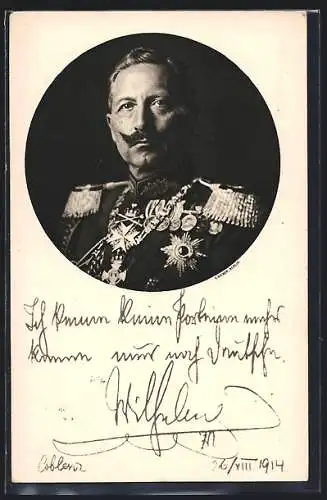 AK Kaiser Wilhelm II., Portrait in Uniform mit Signatur, Deutsche Kriegskarte 1914 zugunsten des Roten Kreuzes