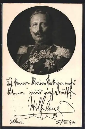 AK Kaiser Wilhelm II., Portrait in Uniform mit Signatur, Deutsche Kriegskarte 1914 zugunsten des Roten Kreuzes