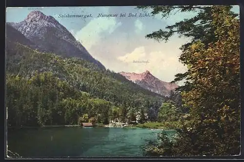 AK Bad Ischl, Uferpartie am Nussensee mit Ahornfeld und Rettenkogl