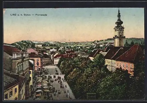 AK Linz a. d. Donau, Promenade aus der Vogelschau