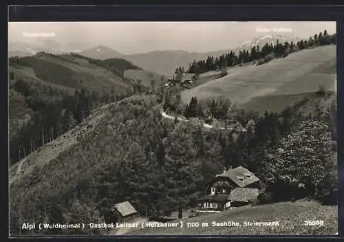 AK Alpl /Steiermark, Gasthof Leitner mit Hochschwab und Hoher Veitsch