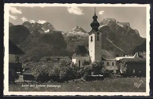 AK Lofer, Kirche mit Blick gegen die Loferer Steinberge