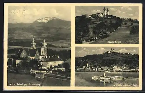 AK Maria Taferl, Blick gegen den Schneeberg, Marbach mit Flusspartie und Dampfer