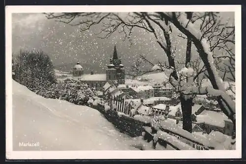 AK Mariazell, Teilansicht mit Kirche im Schnee