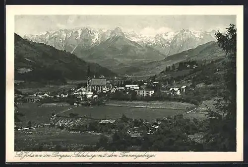 AK St. Johann im Pongau, Teilansicht mit Kirche und dem Tennengebirge