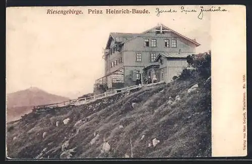 AK Prinz Heinrich-Baude im Riesengebirge, Blick hoch zur Hütte