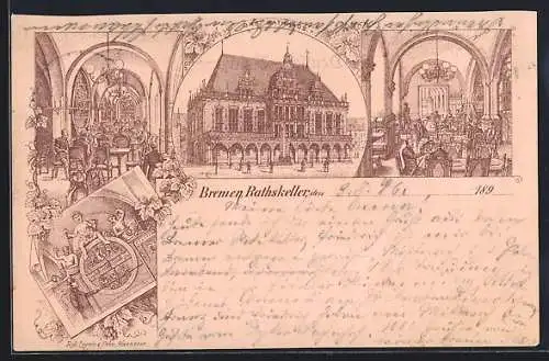 Lithographie Bremen, Bremer Ratskeller, Aussen- und Innenansichten