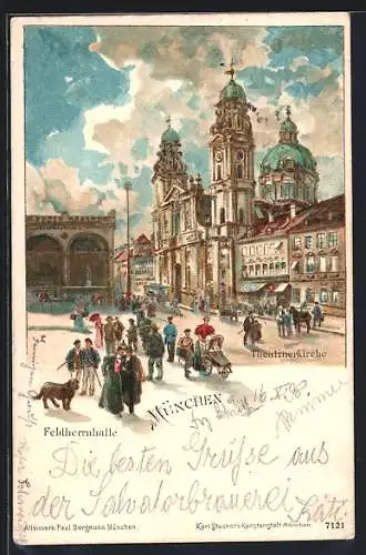 Lithographie München, Passanten an der Theatinerkirche