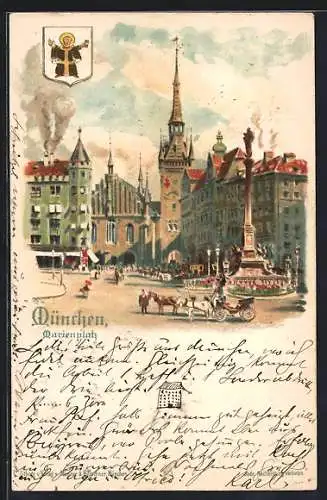 Lithographie München, Partie am Marienplatz, Kindl-Wappen