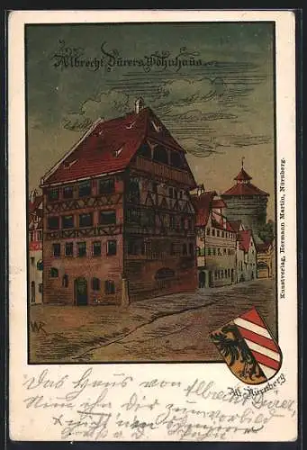 Lithographie Nürnberg, Strassenpartie mit Geburtshaus Dürers, Wappen