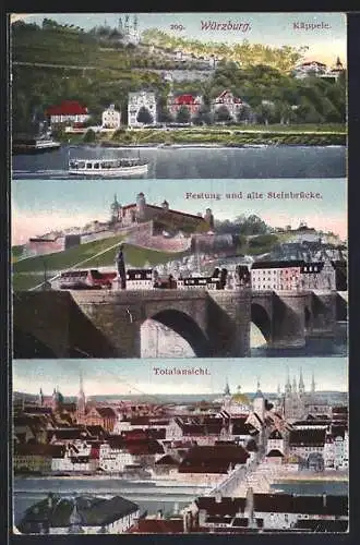 AK Würzburg, Käpelle, Festung und alte Steinbrücke, Totalansicht