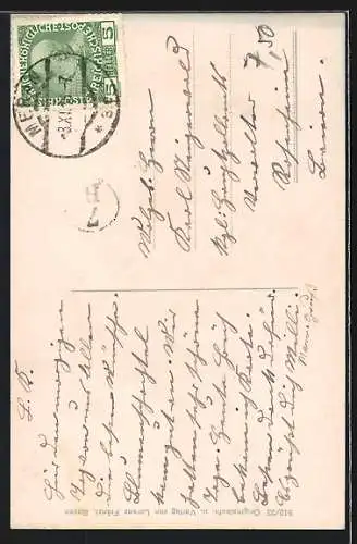 AK Meran, Paar in Südtiroler Tracht vor Orts- u. Bergpanorama