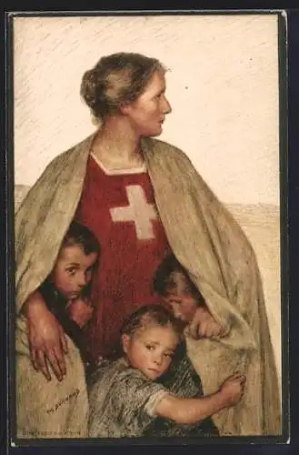 AK Henri Dunant, Schweizer Rotes Kreuz, Helvetia mit Kindern