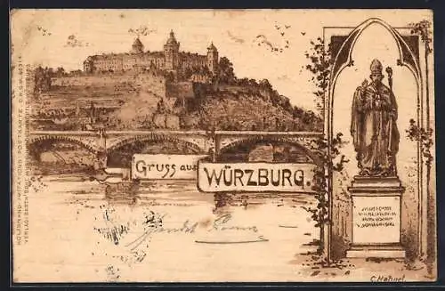 Holzbrand-Imitations-AK Würzburg, Mainblick zur Festung Marienberg, Denkmal mit Bischof