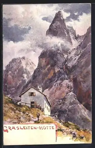 Künstler-AK Edward Theodore Compton: Grasleiten-Hütte, Wanderer vor der Hütte