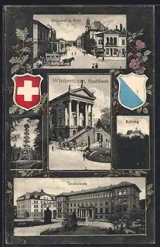 AK Winterthur, Stadthaus, Technikum, Bahnhof u. Post, Landeswappen