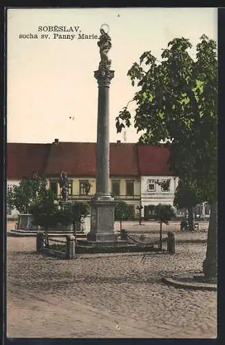 AK Sobeslav, Socha sv. Panny Marie, Denkmal auf dem Marktplatz