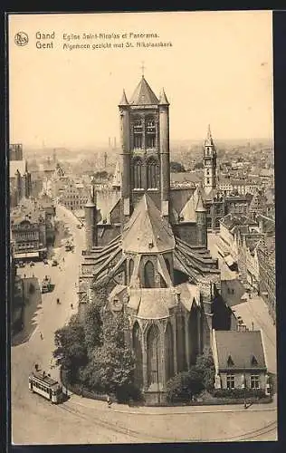 AK Gand, Eglise Saint-Nicolas et Panorama, Strassenbahn