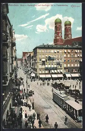 AK München, Blick vom Marienplatz auf Kaufinger Str. & Frauenkirche, Strassenbahn