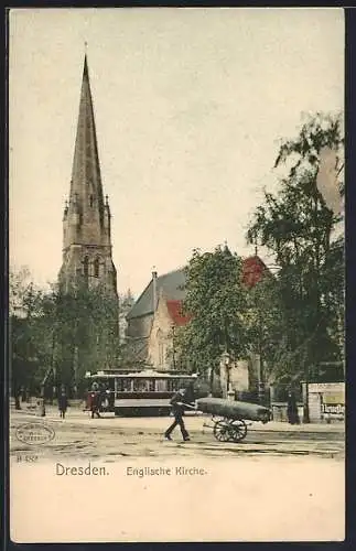 AK Dresden, Strassenbahn an der Englischen Kirche, Wiener Ecke Bensstrasse