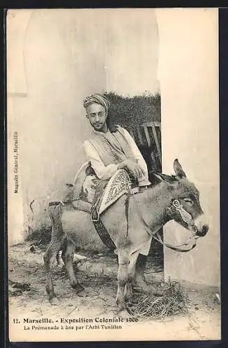 AK Marseille, Exposition Colotale 1906, Arabischer Volkstyp mit Maultier, La Promenade a ane par Arbi Tunisien