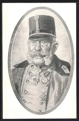 Künstler-AK Portrait Kaiser Franz Josef I. von Österreich in Uniform mit Schirmhut