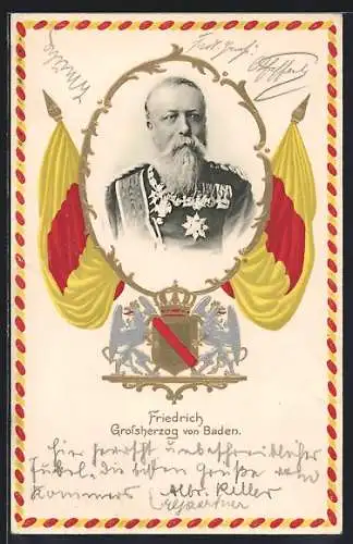 AK Friedrich von Baden, Portrait mit Fahnen und Wappen mit Krone