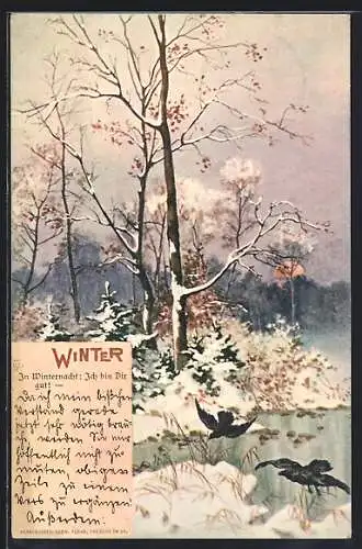 Lithographie Winter, verschneite Landschaft und Raben