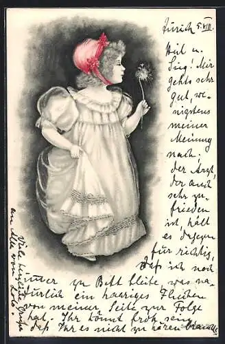 AK Mädchen in weissem Kleid mit roter Haube und Pusteblume