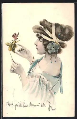 Künstler-Lithographie Mädchen mit Narzisse und Schmetterling, Jugendstilkopfschmuck