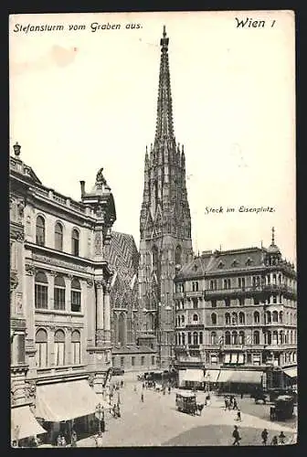 AK Wien, Graben, Stephansturm und Stock im Eisenplatz vom Graben aus