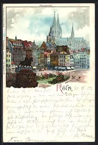 Lithographie Köln, Heumarkt mit Denkmal und Dom