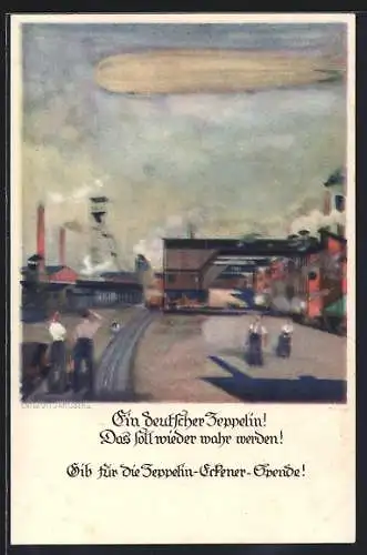 Künstler-AK Otto Amtsberg: Zeppelin-Eckener-Spende, Zeppelin über einem Industriegelände