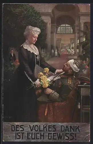 AK Kaiserin Auguste Victoria von Preussen mit gelben Rosen im Lazarett, Des Volkes Dank ist Euch gewiss!